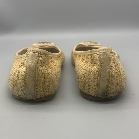 TORY BURCH Reva Raffia White Straw Natural Woven Gold Logo Ballet Flat Size 8 - Picture 5 of 6